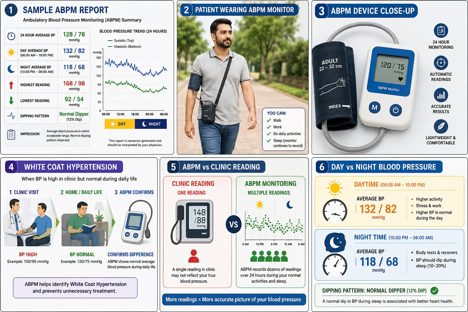 Sample ABPM report showing daytime blood pressure, night-time blood pressure, 24 hour average and dipping pattern