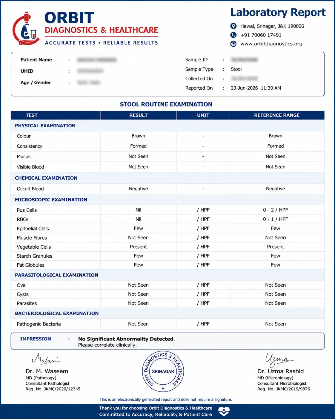 Sample stool laboratory report showing colour consistency occult blood ova parasites and microscopic examination findings