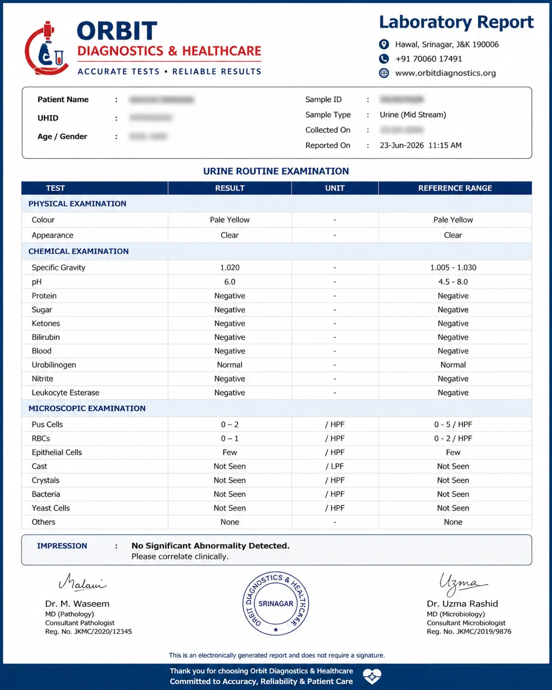 Sample urine laboratory report showing urine colour protein sugar ketones pus cells and microscopic examination findings