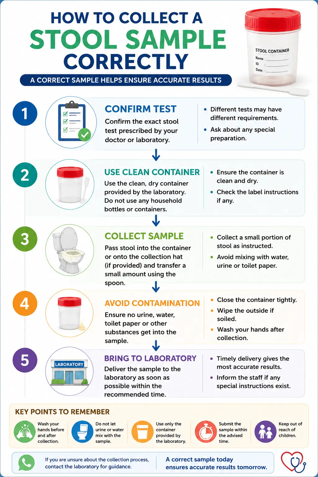 Step by step guide showing how to collect a stool sample correctly for laboratory testing