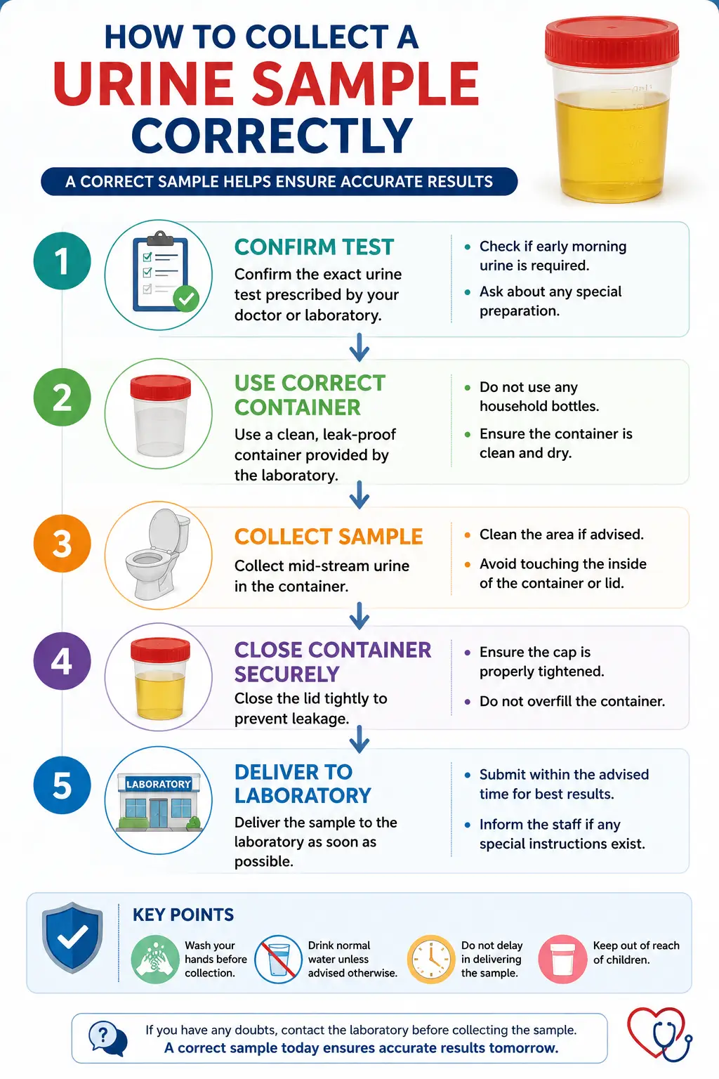 Step by step guide showing how to collect a urine sample correctly for laboratory testing