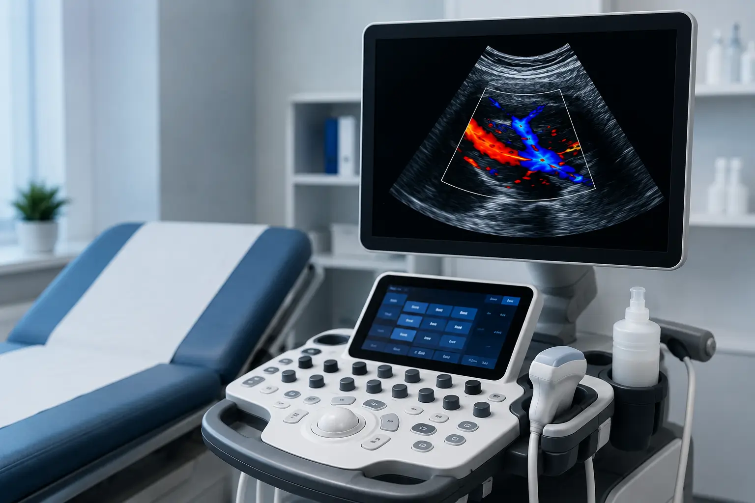 Color Doppler ultrasound showing blood flow assessment in arteries and veins